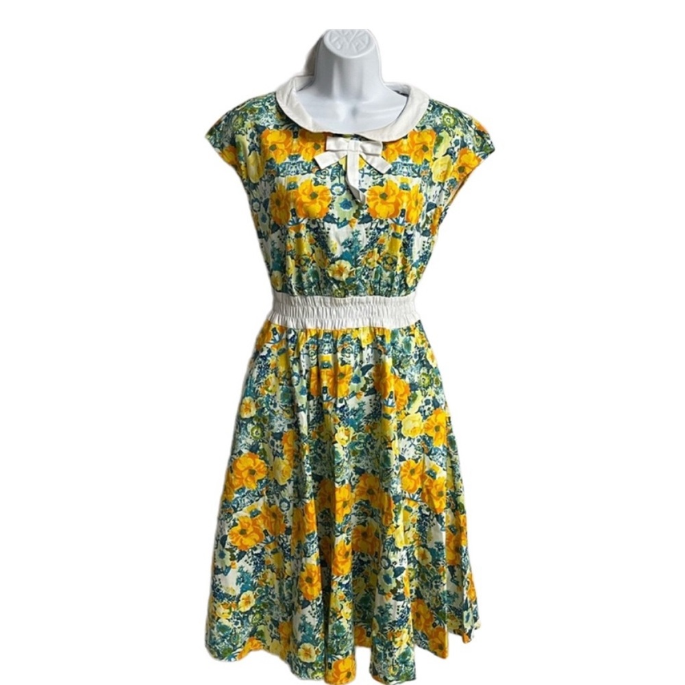 Yellow Midi Orchid Bloom Sundress with Peter Pan Collar and Flutter Sleeves
